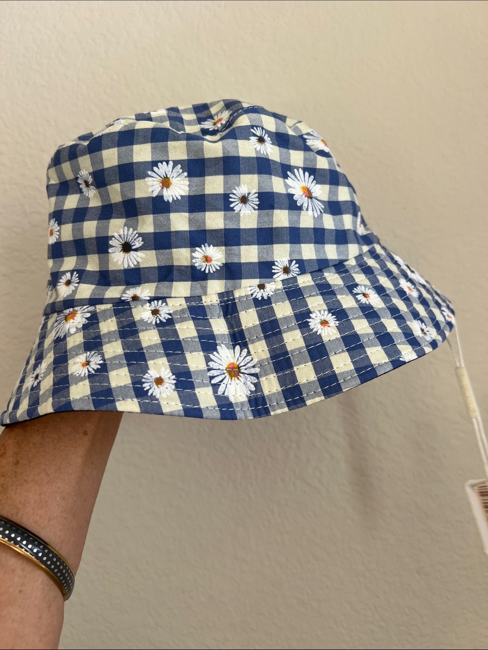 Blue Gingham Daisy or BLACK reversible Bucket Hat new